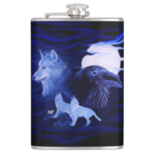 Wolven en Raven met volle maan Heupfles