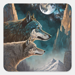 Wolven Full Moon Fantasy Landscape Vierkante Sticker