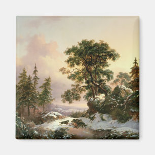 Wolven in een winterlandschap (olie op het paneel) magneet