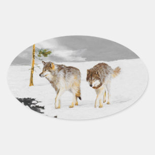 Wolven in sneeuwschilderijen - Oorspronkelijke Wil Ovale Sticker