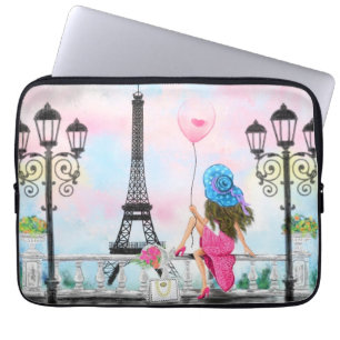  Woman and Pink Heart Ballon - I Love Paris Laptop Sleeve