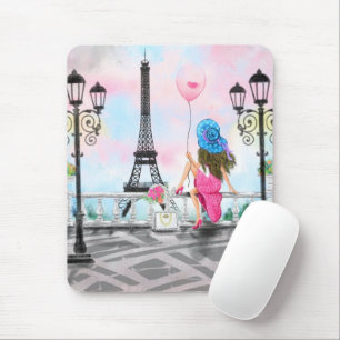Woman and Pink Heart Ballon - I Love Paris Muismat