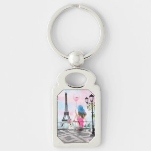 Woman and Pink Heart Ballon - I Love Paris Sleutelhanger