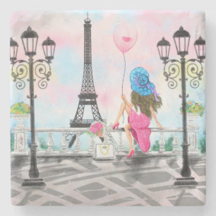  Woman and Pink Heart Ballon - I Love Paris Stenen Onderzetter