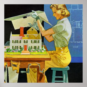 Woman Architect Miniature House Blueprints Poster