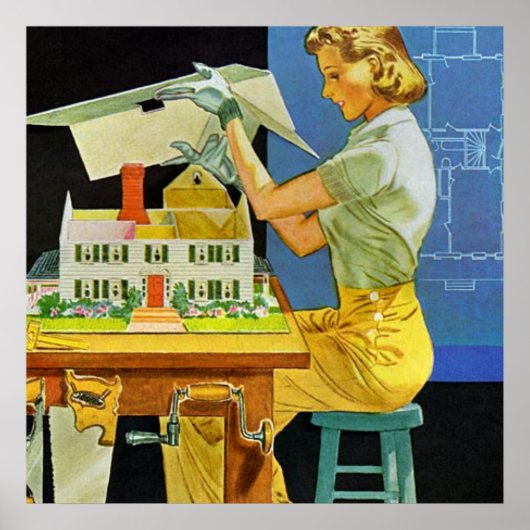 Woman Architect Miniature House Blueprints Poster (Voorkant)