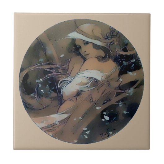 Woman Art Nouveau Mucha Winter Tegeltje (Voorkant)