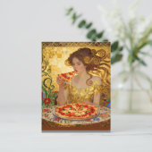 Woman Eating Pizza Faux Klimt Art Briefkaart (Staand voorkant)