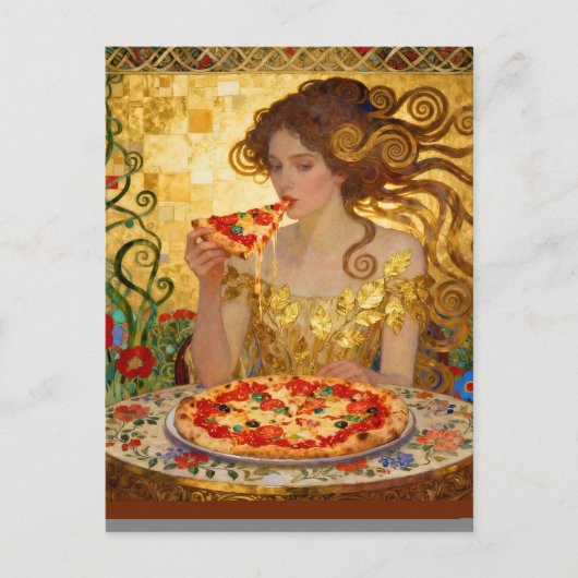Woman Eating Pizza Faux Klimt Art Briefkaart (Voorkant)
