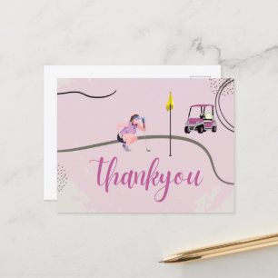 Woman Golfer en Golf Cart Dank u Roze thema Briefkaart