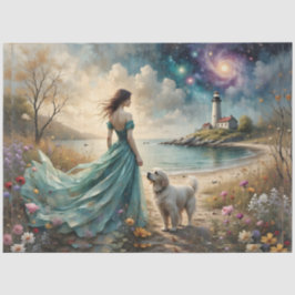 Woman in blue gown on beach with dog, lighthouse. tissuepapier
