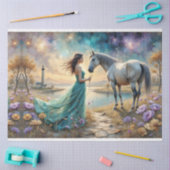 Woman in blue gown on beach with horse,lighthouse. tissuepapier (Craft)