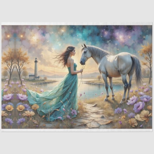 Woman in blue gown on beach with horse,lighthouse. tissuepapier (Voorkant)