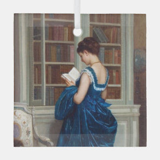 Woman in Blue, reading a Book Glas Ornament