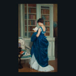 Woman in Library Poster<br><div class="desc">Vintage image of a woman standing in a library reading a book.  She is wearing a beautiful long blue dress with a white underskirt showing.  A lovely,  serene image from 1887.</div>