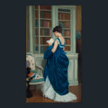 Woman in Library Poster<br><div class="desc">Vintage image of a woman standing in a library reading a book.  She is wearing a beautiful long blue dress with a white underskirt showing.  A lovely,  serene image from 1887.</div>