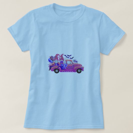 Woman in Light Blue T-Shirt with Halloween Gnome T (Design devant)