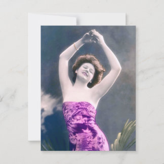 woman in purple sarong , arms raised as if dancing briefkaart