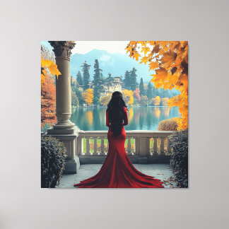 Woman Lake Como View Italy Stretched Canvas Art Afdruk