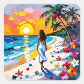 Woman on Beach Tropical Scene Vierkante Sticker (Voorkant)