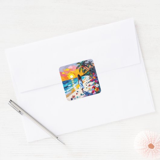 Woman on Beach Tropical Scene Vierkante Sticker (Envelop)