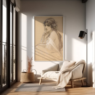 Woman Pencil White Crayon Portrait Study Mucha Pos Poster