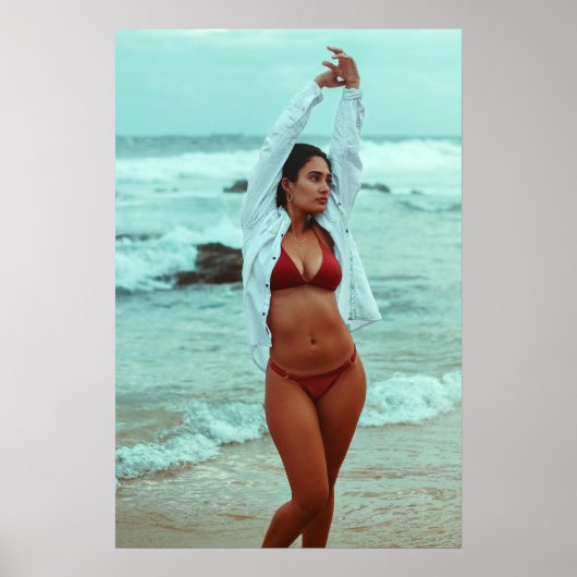 Woman Posing On A Beach In Red Bikini Poster (Voorkant)
