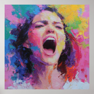Woman Shouting Abstract Colors Expressive Acrylic  Poster