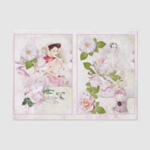  Woman Tea Pink Floral Bird House Ontkoppeling Tissuepapier