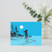 Woman with reindeer in the snow under a full moon briefkaart (Staand voorkant)