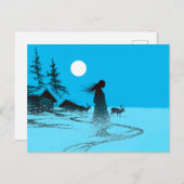 Woman with reindeer in the snow under a full moon briefkaart (Voorkant / Achterkant)
