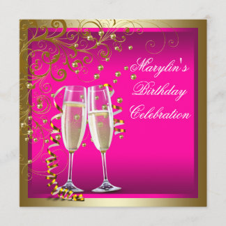 Womans Hot Pink Gold Birthday Party Kaart