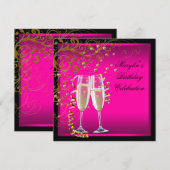 Womans Hot Pink Gold Birthday Party Kaart (Voorkant / Achterkant)