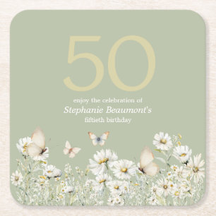 Woman's White Wildflower Verrassing 50ste verjaard Vierkante Kartonnen Onderzetter
