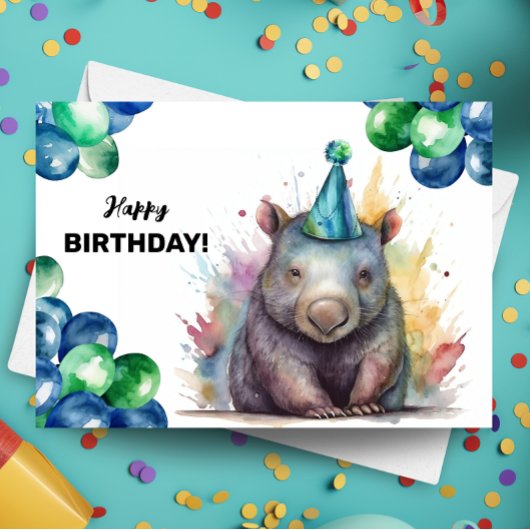 Wombat met ballonnen en Party Pet Happy Birthday Kaart
