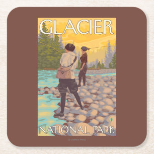 Women Fly Fishing - Glacier National Park, MT Vierkante Kartonnen Onderzetter