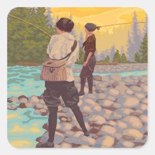Women Fly Fishing - Troutdale, Oregon Vierkante Sticker