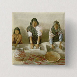 Women Grinding Corn, Pueblo of Laguna, c.1905 (col Vierkante Button 5,1 Cm