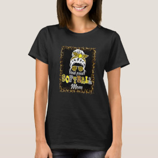 Women Loud & Proud Softball Mom Messy Bun Leopard  T-shirt
