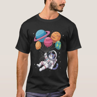 Womens Astronaut Cat Holding Planet Balloons Outer T-shirt