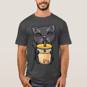 Womens Black Cat Kawaii Drink Bubble Tea Milk B T-shirt