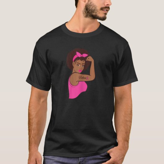 Womens Black Rosie Riveter Afro Breast Cancer Awar T-shirt (Voorkant)