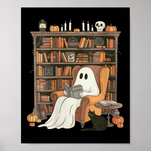 Womens Bookish Ghost Haunted Library Cat Bookworm Poster (Voorkant)