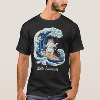 Womens Cat With Sushi Wave Vintage Surfer Surfing  T-shirt