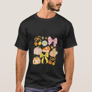 Womens Coquette Floral Bow Pumpkin Season Autumn F T-shirt