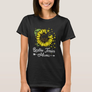 Womens Cute Boston Terrier Mama Sunflower Dog mama T-shirt