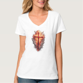 Women's Flaming Christian Cross V-Neck Tee T-shirt