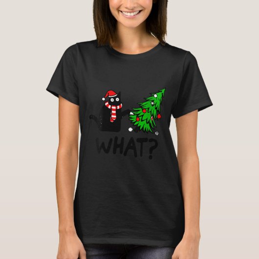 Womens Funny Black Cat Gift Pushing Christmas Tree T-shirt (Voorkant)