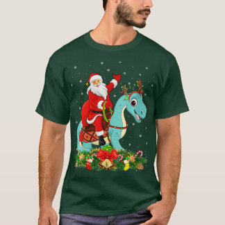 Womens Funny Santa Riding Brontosaurus Dinosaur T-shirt