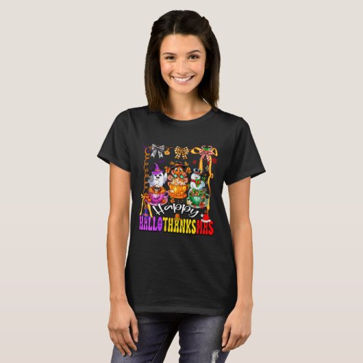 Womens Happy Hallothanksmas Coquette Bow Coffee La T-shirt (Voorkant volledig)